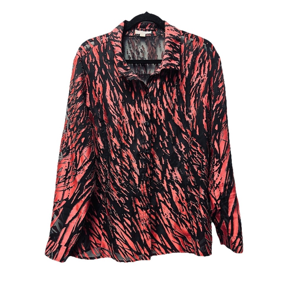 Erin by Erin London Blouse XL‎ Red Black Abstract Burnout Sheer Button Up Top